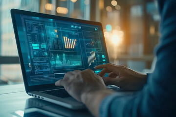 B2B business strategy concept: businessman using laptop for virtual interface, focusing on partnership, targets, and e-commerce