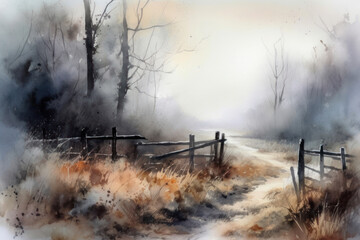 Obraz premium Watercolor painting of a rural road in a foggy landscape.
