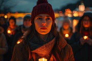 A group gathers at twilight by the water, each person holding a lit candle. A woman in a red beanie stands in the foreground, deep in thought, while others quietly reflect