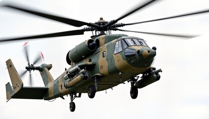 Fototapeta premium Military helicopter flies high in sky. Powerful machine with camouflage design. Powerful engine. Modern tech. Strong defense force. Air combat transport. Modern military technology.