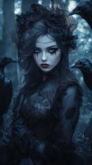 Fototapeta premium Mysterious anime girl in gothic attire, surrounded by ravens, dark forest in the background, detailed lace and textures