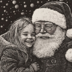 Santa Claus with a warm smile, embracing a joyful child girl, capturing the festive spirit and holiday warmth. The intricate scratchboard engraving highlights the textures of their clothing and