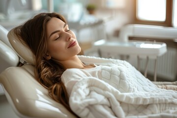 A patient peacefully resting in a dental chair while undergoing a standard dental procedure.