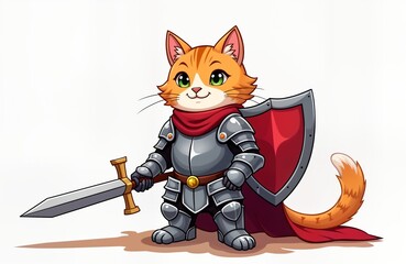 Obraz premium Cute orange cat dressed in medieval knight armor. Cat warrior holds sword, shield. Cartoon animal illustration. Fantasy style. Suitable for kids media. Strong, protective character. Isolated on white