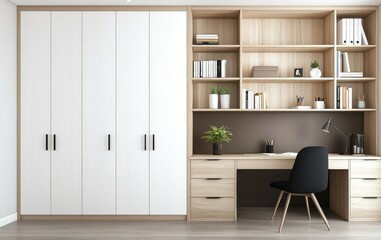 Stylish bedroom study area includes a desk, chair, and floating bookcase with LED lighting, emphasizing a clean, modern aesthetic.