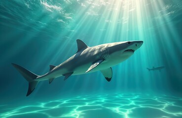 Fototapeta premium Dangerous shark in swimming pool. Summer holiday horror scenario. Animal predator in holiday resort. Swimming pool danger. Vacation nightmare. Risk to swimmers. Fear, stress. AI generated image.
