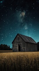 Old barn standing in wheat field under starry night sky