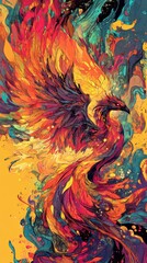Phoenix rising from flames, vibrant fire feathers, intense glow, highly detailed mythical bird