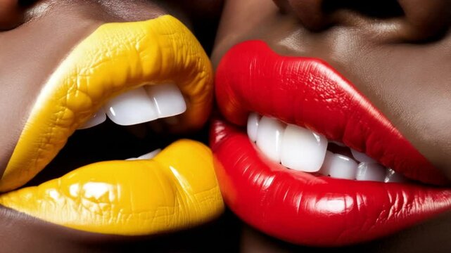 Close-up of lips with red and yellow lipstick. 01.