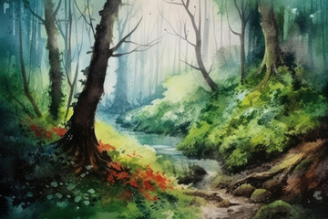Fototapeta premium Watercolor painting of trees and river in the forest. Nature background