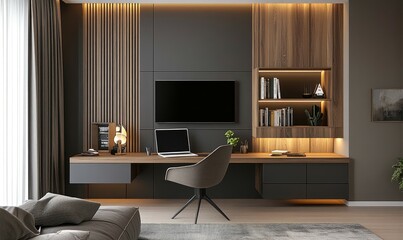 Stylish bedroom study area includes a desk, chair, and floating bookcase with LED lighting, emphasizing a clean, modern aesthetic.