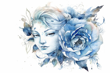 Watercolor illustration of a beautiful woman with blue hair and flowers.