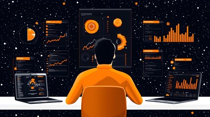 Marketing planner in front of blackboard, icons and data charts, isolated white setting