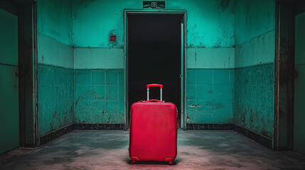 A lone suitcase abandoned in a dark terminal, glowing with rejected tickets, emotional tones 