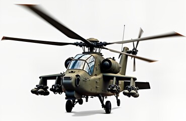 Military attack helicopter in mid-flight. Combat aircraft hovers with rotors turning. Modern warfare weaponry, defense systems highlighted. Camouflage design optimized for tactical missions. Photo