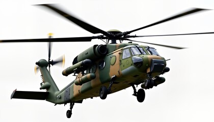 Military helicopter in flight. Modern military aircraft in mid-air. Camouflage pattern on surface. Fast speed, maneuverability of aircraft. High-tech weaponry. Defense system concept. Strategic