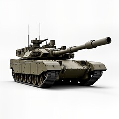 Modern battle tank stands isolated on white background. Powerful military equipment. Combat vehicle features advanced tech. Heavy armed armored vehicle. Tank weaponry. Defense force. Armed conflict.
