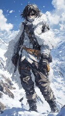 Rogue anime adventurer on a snowy mountain, icy wind blowing, intricate fur-lined outfit, highly detailed environment