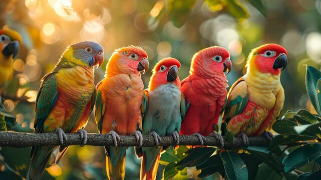 Colorful parrots gather on a branch at sunset in a lush green setting