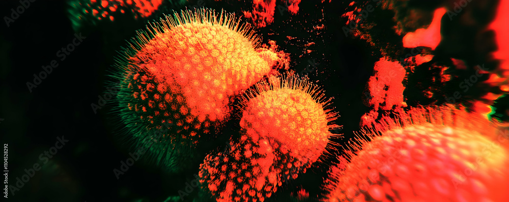 Aufkleber microscopic 3d rendering of virus particles in vivid red and orange hues against a dark background