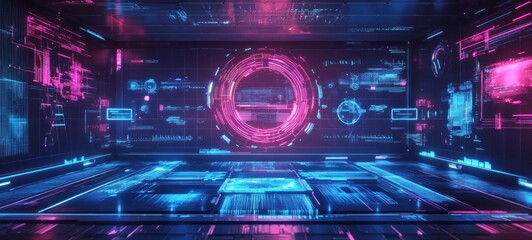 Futuristic Digital Room: Neon Lights and Holographic Interface