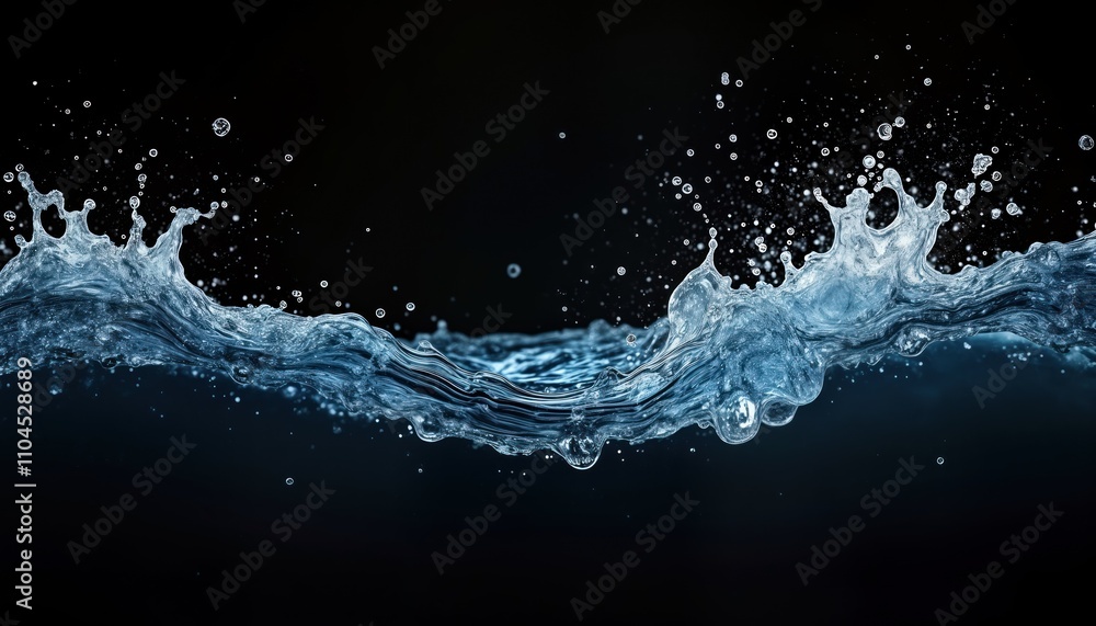Poster water splash art. liquid movement in mid air. dynamic wave and ripple effects. clear and transparent