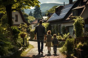 Obraz premium Family walking near their house with photovoltiacs panels on the roof. 