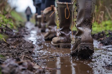 A group of individuals walks along a muddy path, wearing durable rubber boots. The ground is wet and features puddles, indicating recent rainfall. Nature surrounds the area