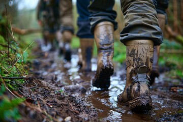 Groups of individuals navigate through a muddy trail in a forest, wearing rubber boots. The autumn foliage creates a natural backdrop as they trek, showing signs of adventure