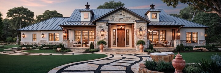 A charming farmhouse with natural stone and warm lighting welcomes you.