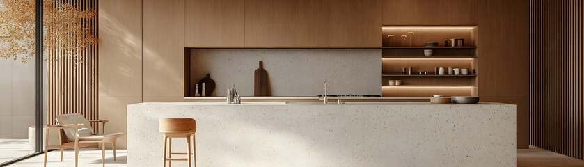 Modern Minimalist Kitchen Design with Terrazzo Island and Wooden Accents