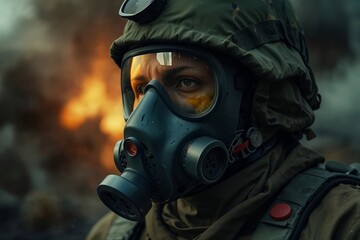 A close-up portrait image of a soldier in a gas mask