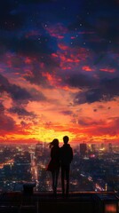 Teenage anime couple on a rooftop, overlooking a city at sunset, warm colors, detailed skyline and atmosphere