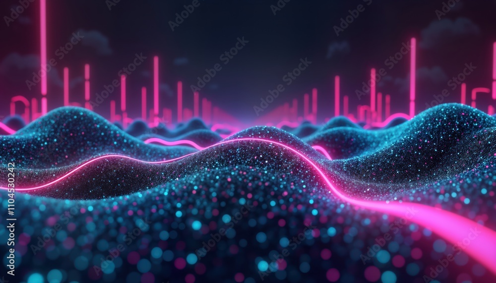 Aufkleber Neon glowing lines trace patterns on surface of shimmering particles. Futuristic tech design. Abstract illustration shows data visualization wave patterns. Dynamic glowing neon lines. Dark background