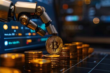 A robot arm is grasping a shiny golden bitcoin amidst a display of coins and a digital trading interface. The background features graphs and data suggesting active cryptocurrency market analysis