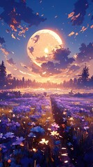 Naklejka premium anime purple flower field landscape moon sunset cloud y2k