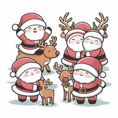 Cute Christmas vector illustration set featuring chibi Santa Claus and his reindeer in various joyful holiday poses.
