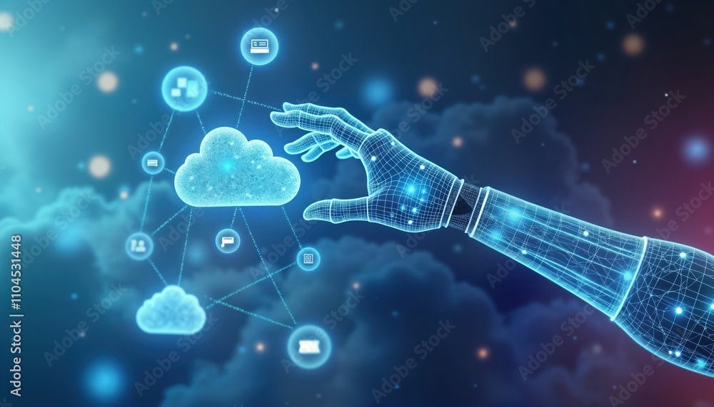 Poster Futuristic robot arm interacts with cloud data in digital space. Tech arm holds 3D cloud symbol. Abstract digital icons show network, database, AI. Innovation, global communication, cybernetic future