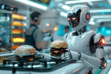 In a modern, high-tech kitchen, a robot prepares and serves gourmet burgers as customers order during a bustling lunch period. The atmosphere is lively with various food preparations