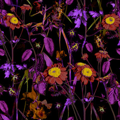 wildflowers in intense, strong colors on a black background, fashionable seamless pattern