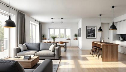 Modern apartment interior with Scandinavian design. Light, airy living area. Open plan kitchen, dining area. Light grey sofa, wooden coffee table. Modern kitchen with wooden island. Minimalist style.
