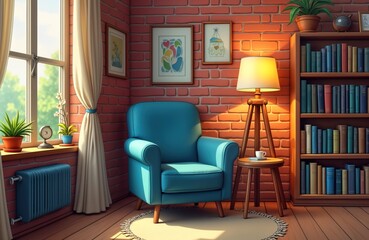 Cozy room with blue armchair near brick wall. Bookshelves display various volumes. Sunlight streams through window. Stylish reading nook. Comfortable space for relaxation, reading. Warm lighting
