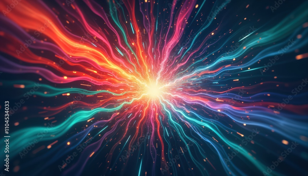 Poster vibrant cosmic explosion. dynamic lines radiate from central point. generative ai tech creates vibra