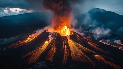 Vibrant Eruption of Lively Volcano with Bubbling Crater and Fiery Lava Flowing Down the Mountain : Generative AI