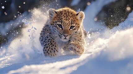 Fototapeta premium close-up Leopard Cub Playing in the Snow, snow-capped mountains, 