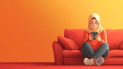 Malay playing games on phone, on couch