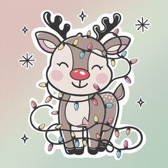 Fototapeta premium Cute Christmas cartoon reindeer illustration with rosy cheeks, happily tangled in colorful glowing string lights, ideal holiday sticker design.