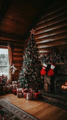Christmas tree in cozy log cabin with presents, fireplace, and stockings.