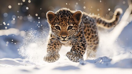 Obraz premium close-up Leopard Cub Playing in the Snow, snow-capped mountains, 