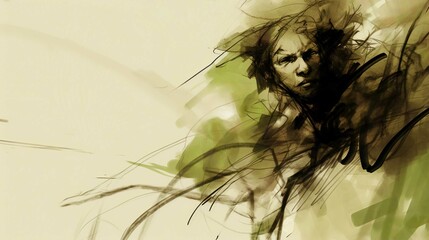 Fototapeta premium Fractal Art Illustration of a Woman Fishing with a Fly Lure and Feather Pattern in Nature
